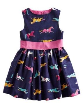Joules Navy Dress with Pink Waistband and Multicolor Horse Motif. Size 11-12